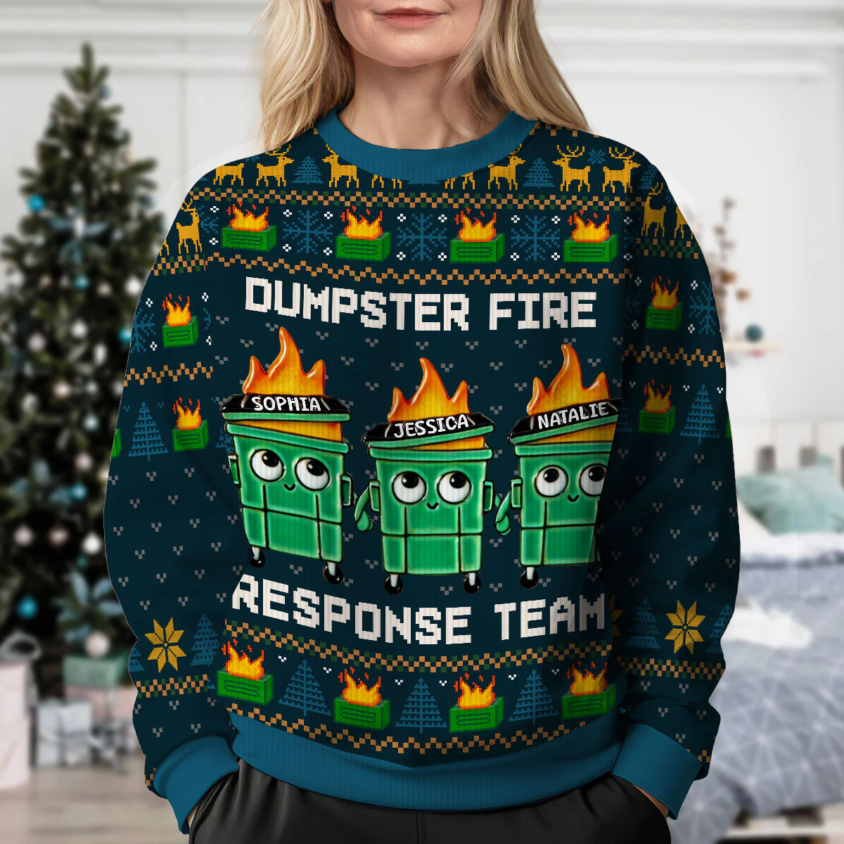 I'm Fine Everything Is Fine Dumpster Fire Funny Office Staff - Personalized Faux Knitting Ugly Sweater - Christmas Costume - Image 3