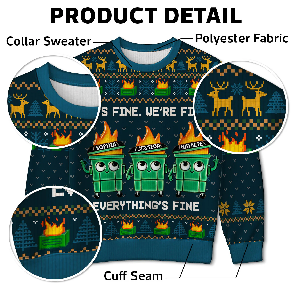 I'm Fine Everything Is Fine Dumpster Fire Funny Office Staff - Personalized Faux Knitting Ugly Sweater - Christmas Costume - Image 6