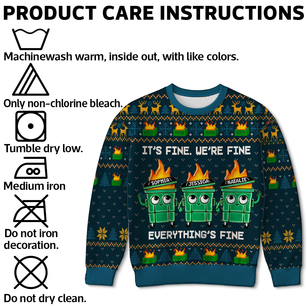 I'm Fine Everything Is Fine Dumpster Fire Funny Office Staff - Personalized Faux Knitting Ugly Sweater - Christmas Costume - Image 7