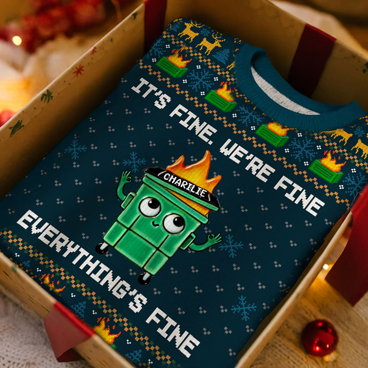 I'm Fine Everything Is Fine Dumpster Fire Funny Office Staff - Personalized Faux Knitting Ugly Sweater - Christmas Costume - Image 8