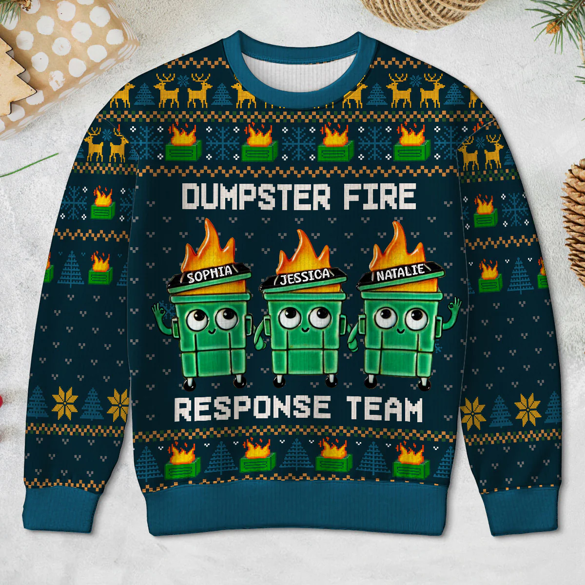 I'm Fine Everything Is Fine Dumpster Fire Funny Office Staff - Personalized Faux Knitting Ugly Sweater - Christmas Costume - Image 9