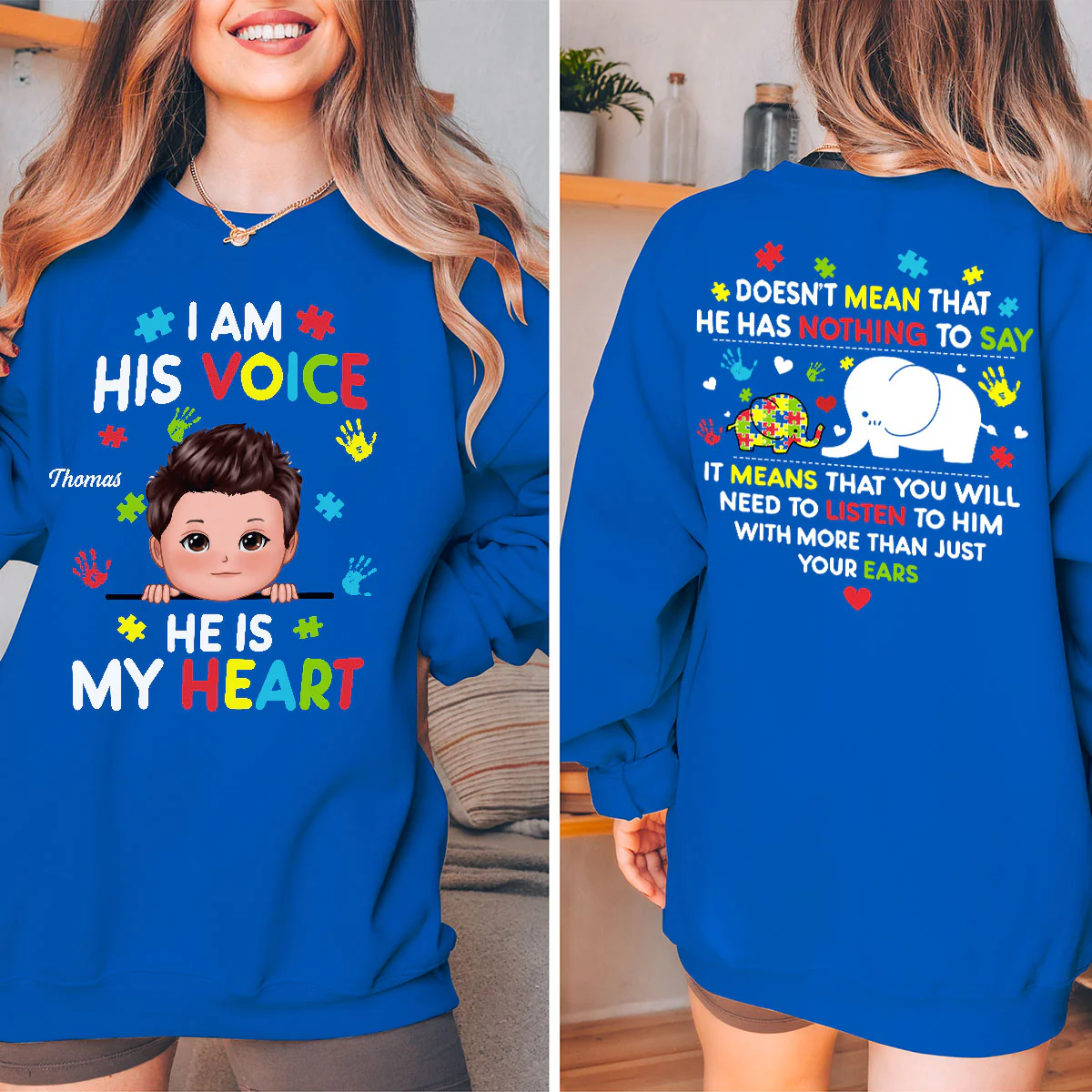 I'm His Voice Autism Mom Autism Dad Autism Awareness Personalized Double Sided Sweatshirt - Image 3