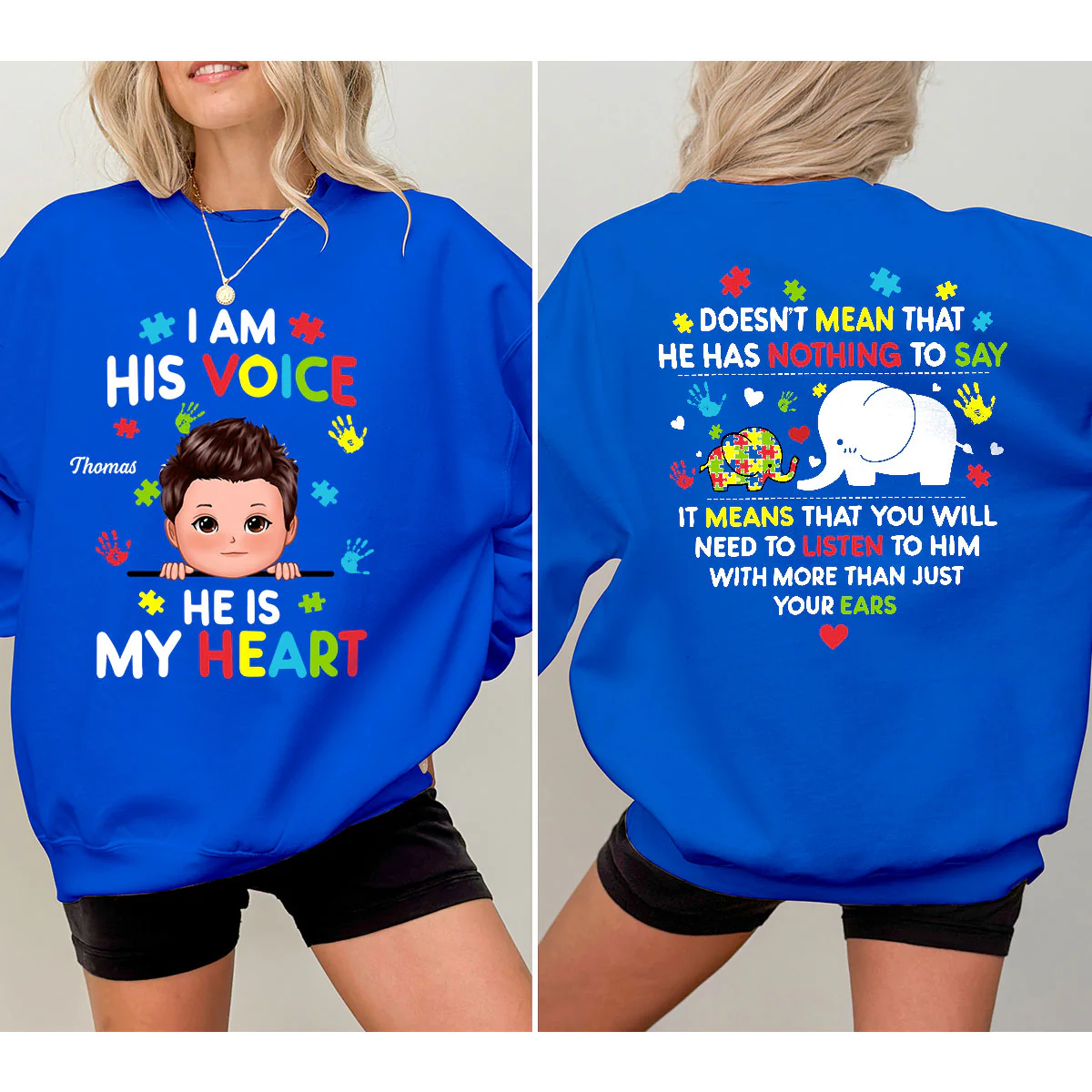 I'm His Voice Autism Mom Autism Dad Autism Awareness Personalized Double Sided Sweatshirt - Image 4