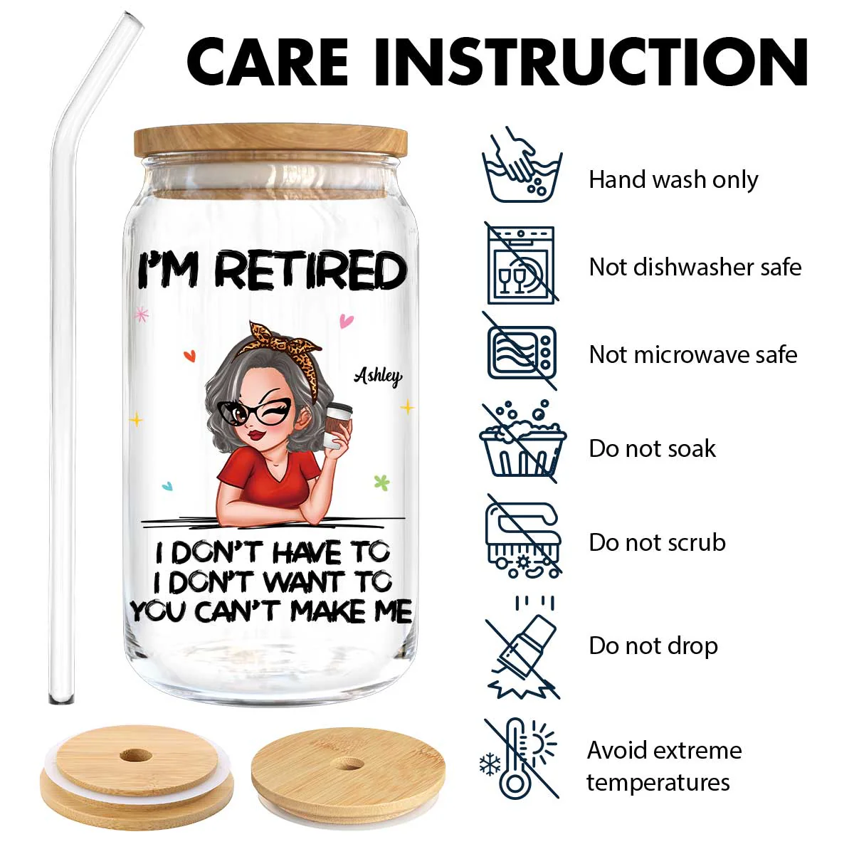 I‘m Retired You Can’t Make Me Retirement Gift Personalized Clear Glass Can - Image 11