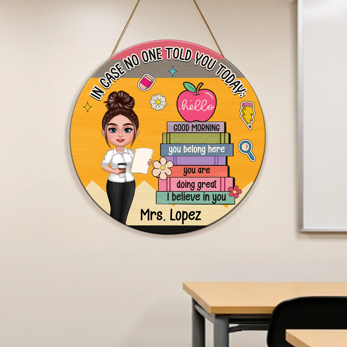 In Case No One Told You Hello I Believe In You Crayon Theme Personalized Door Hanger, Classroom Decorations For Teacher - Image 2