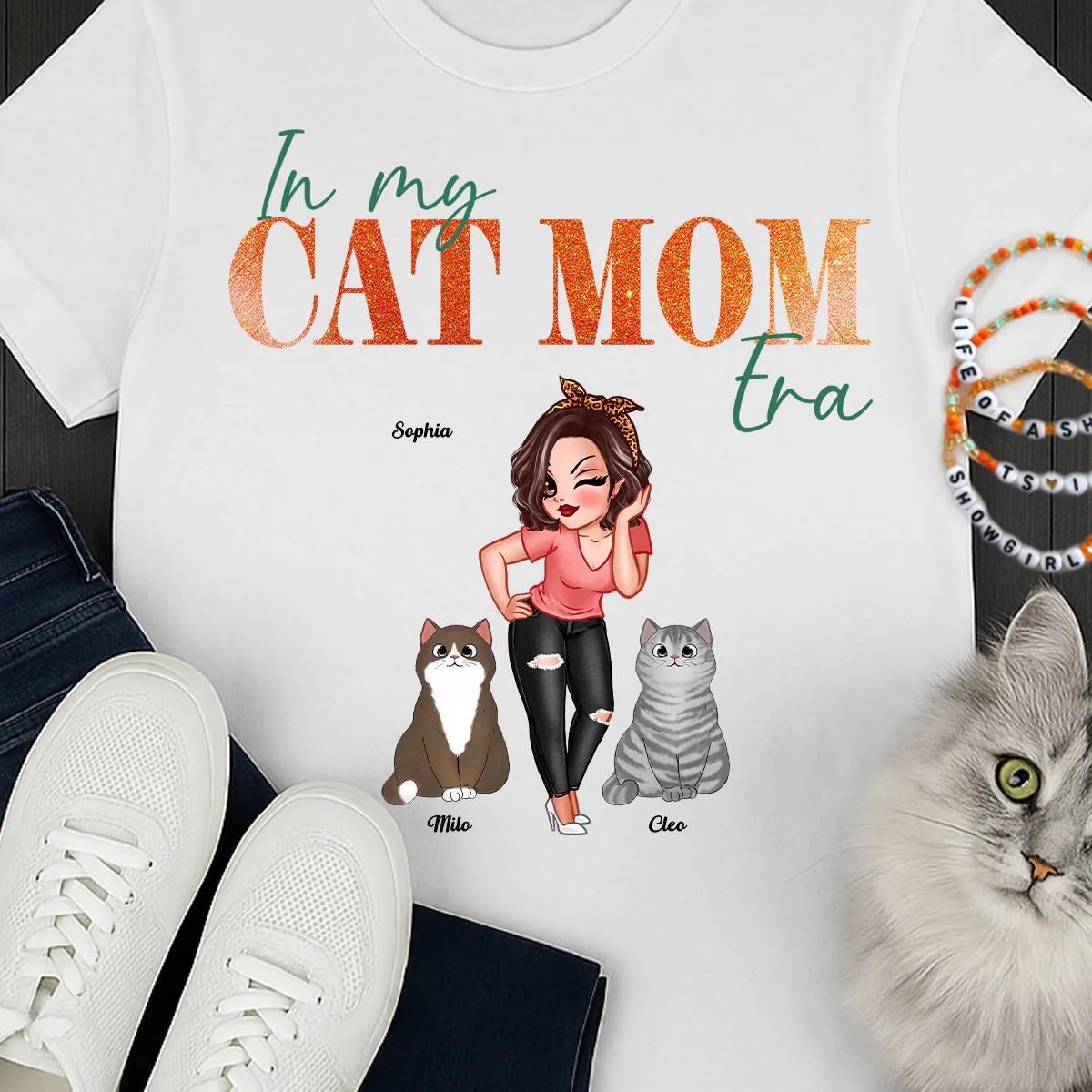 In My Cat Mom Era Pretty Woman & Fluffy Cats - Personalized Shirt - Image 2