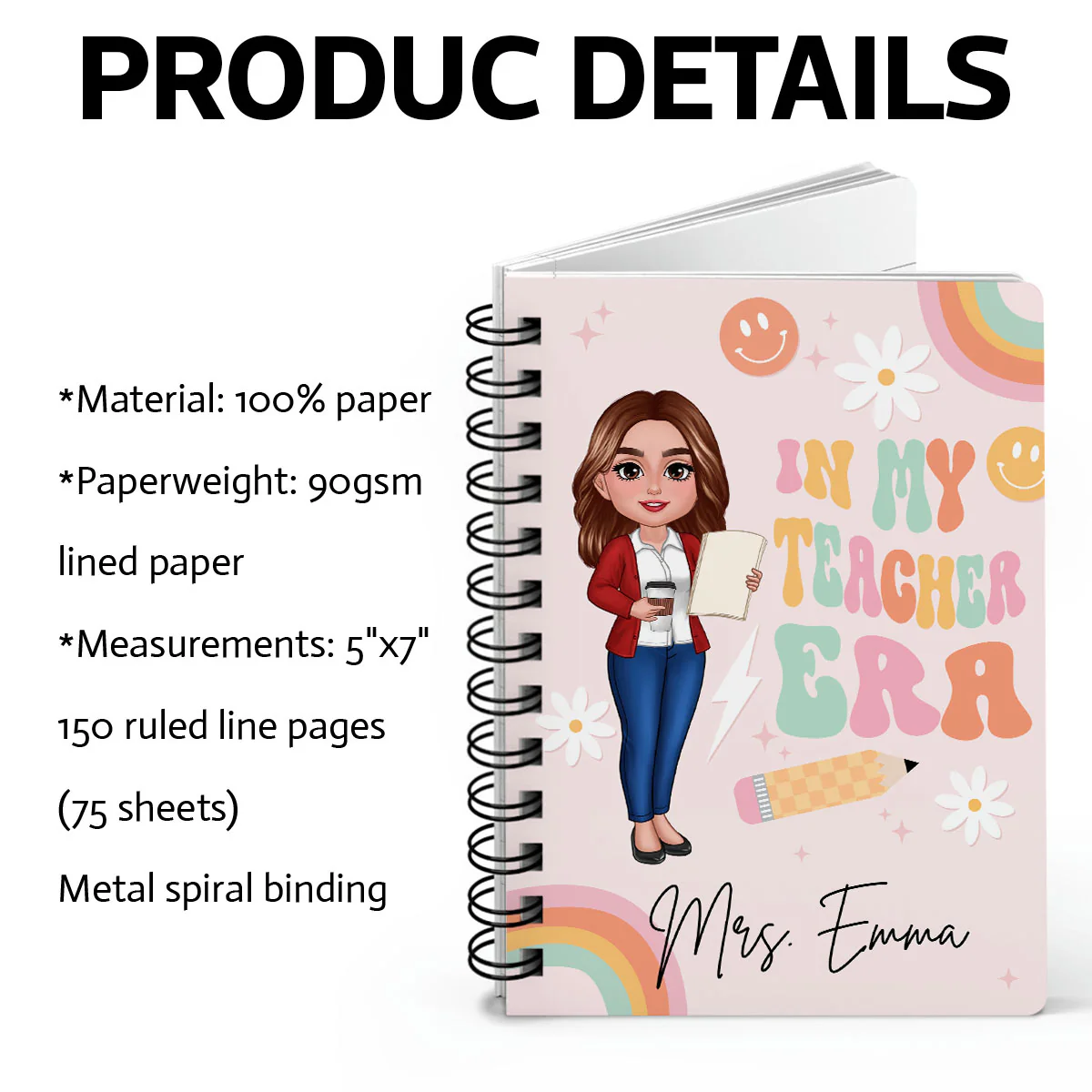 In My Teacher Era Teacher Name Personalized Spiral Notebook Journal, Back To School Stationery - Image 5