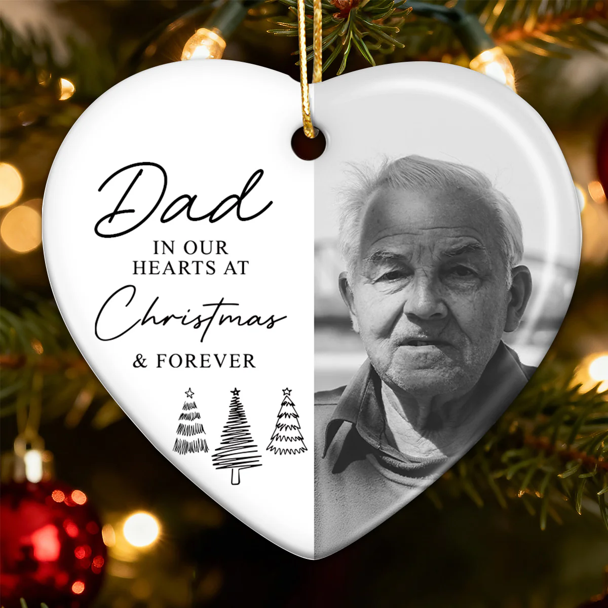 In Our Hearts At Christmas & Forever Custom Photo - Personalized Ceramic Ornament - Remembrance Keepsake, Memorial Gift