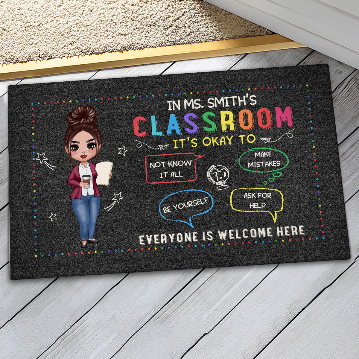 In Teacher Classroom It‘s Okay Everyone Is Welcome Here Personalized Doormat - Image 3