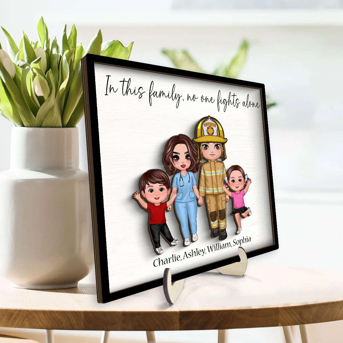 In This Family No One Fights Alone Family Gift By Occupations Nurse Firefighter Police Officer Personalized 2-Layer Wooden Plaque - Image 3