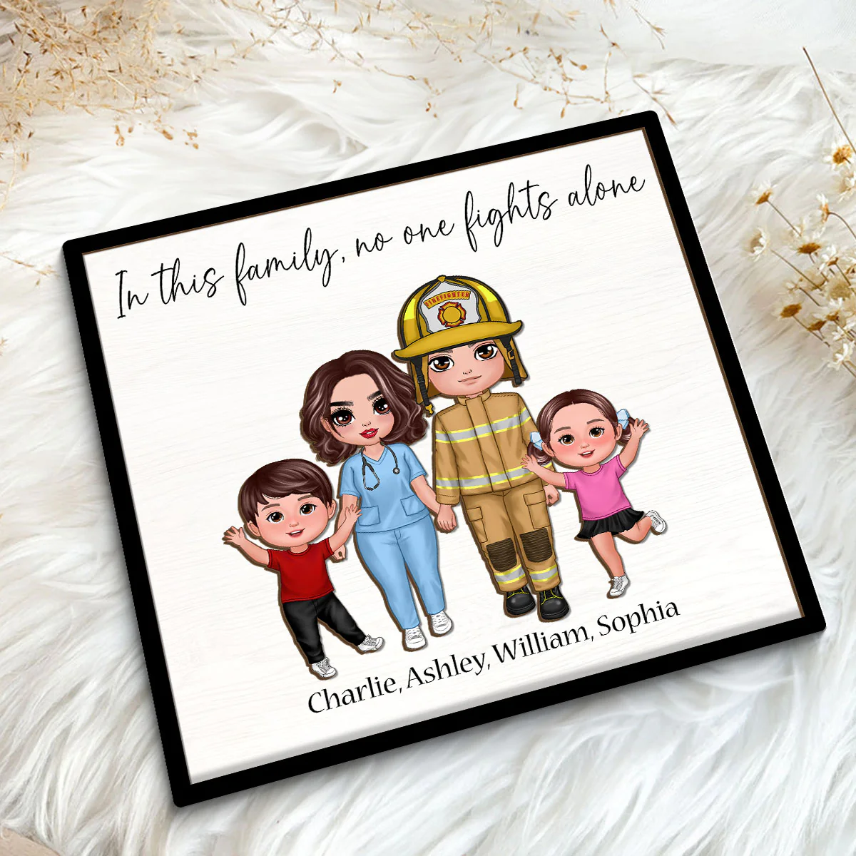 In This Family No One Fights Alone Family Gift By Occupations Nurse Firefighter Police Officer Personalized 2-Layer Wooden Plaque - Image 5