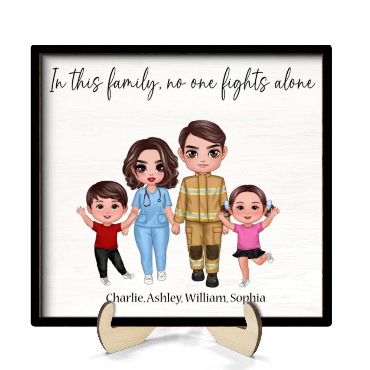 In This Family No One Fights Alone Family Gift By Occupations Nurse Firefighter Police Officer Personalized 2-Layer Wooden Plaque - Image 8
