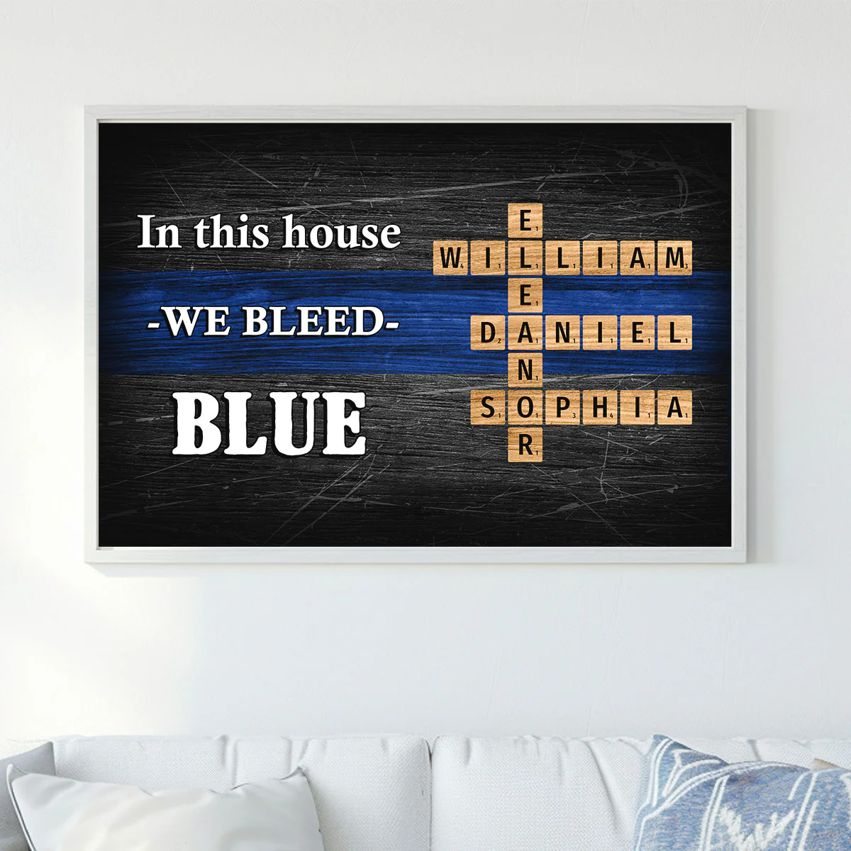 In This House We Bleed Blue Family Crossword Art Puzzle, Personalized Thin Blue Line Poster, Meaningful Father's Day Gift for Dad, Gift for Husband - Image 2