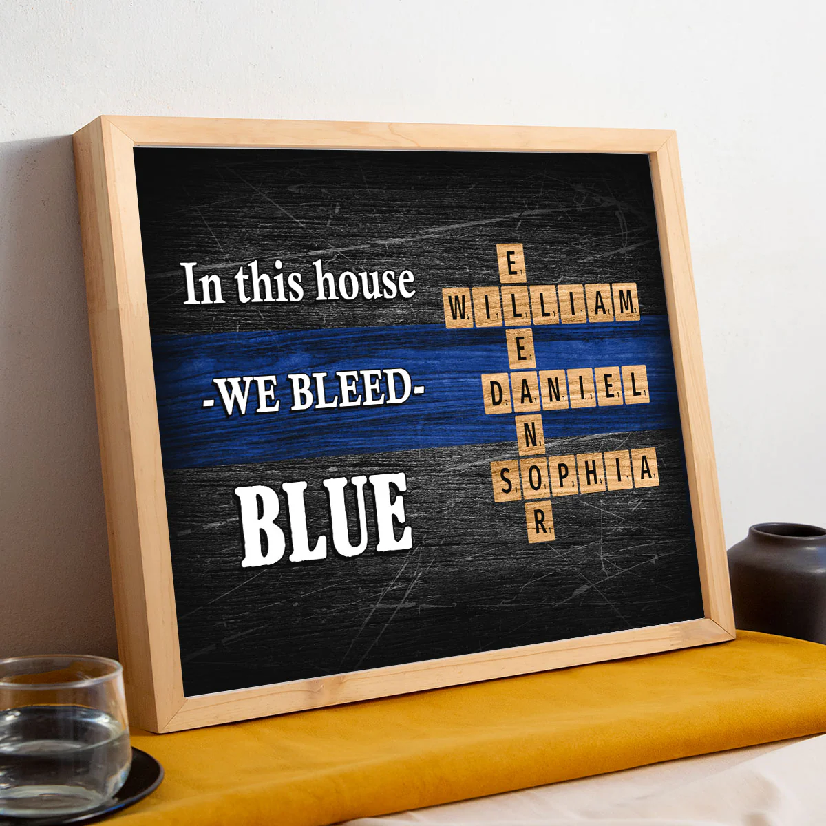 In This House We Bleed Blue Family Crossword Art Puzzle, Personalized Thin Blue Line Poster, Meaningful Father's Day Gift for Dad, Gift for Husband - Image 4