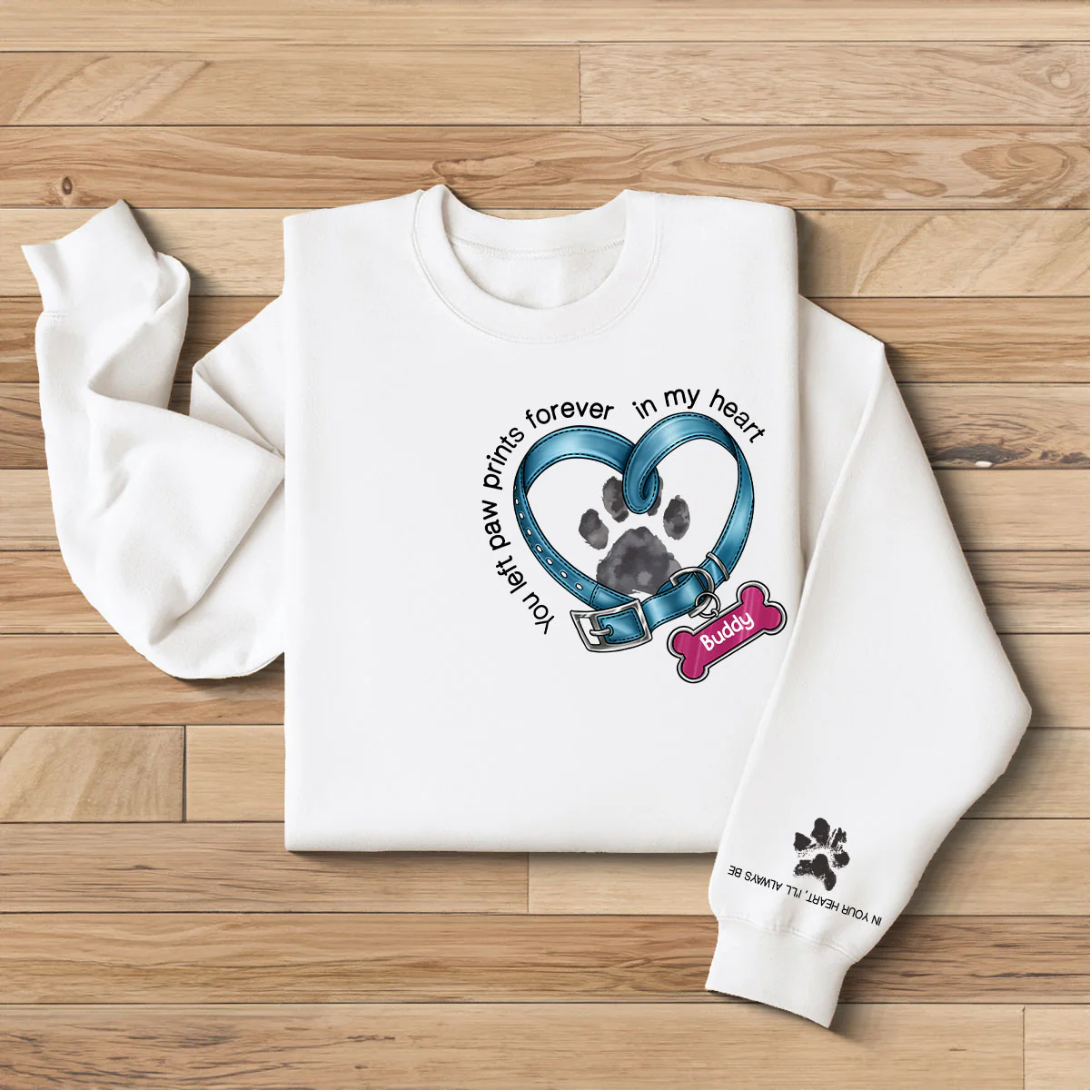 In Your Heart I‘ll Always Be Dog Collar Heart Light Color Personalized Sleeve Printed Sweatshirt - Image 2