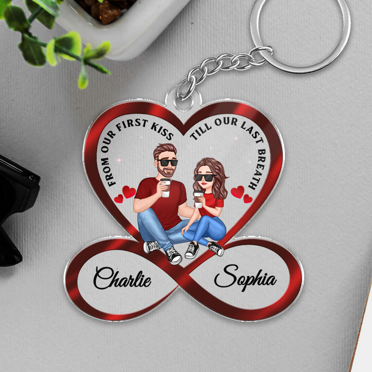 Infinity Heart Cartoon Couple Sitting Anniversary Gift For Him Gift For Her Personalized Acrylic Keychain - Image 5
