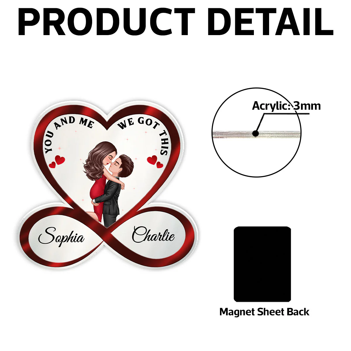 Infinity Heart Couple Hugging Kissing Valentine's Day, Anniversary Gift For Him Gift For Her Personalized Acrylic Fridge Magnet - Image 6