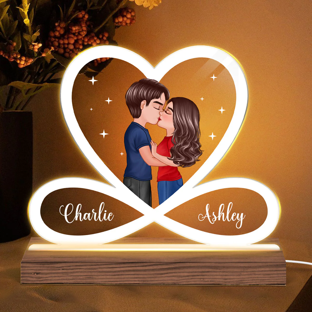 Infinity Heart Couple Kissing Personalized Custom Shape Acrylic Plaque With LED Night Light - Anniversary Gift For Couple - Gift For Him Gift For Her - Image 2