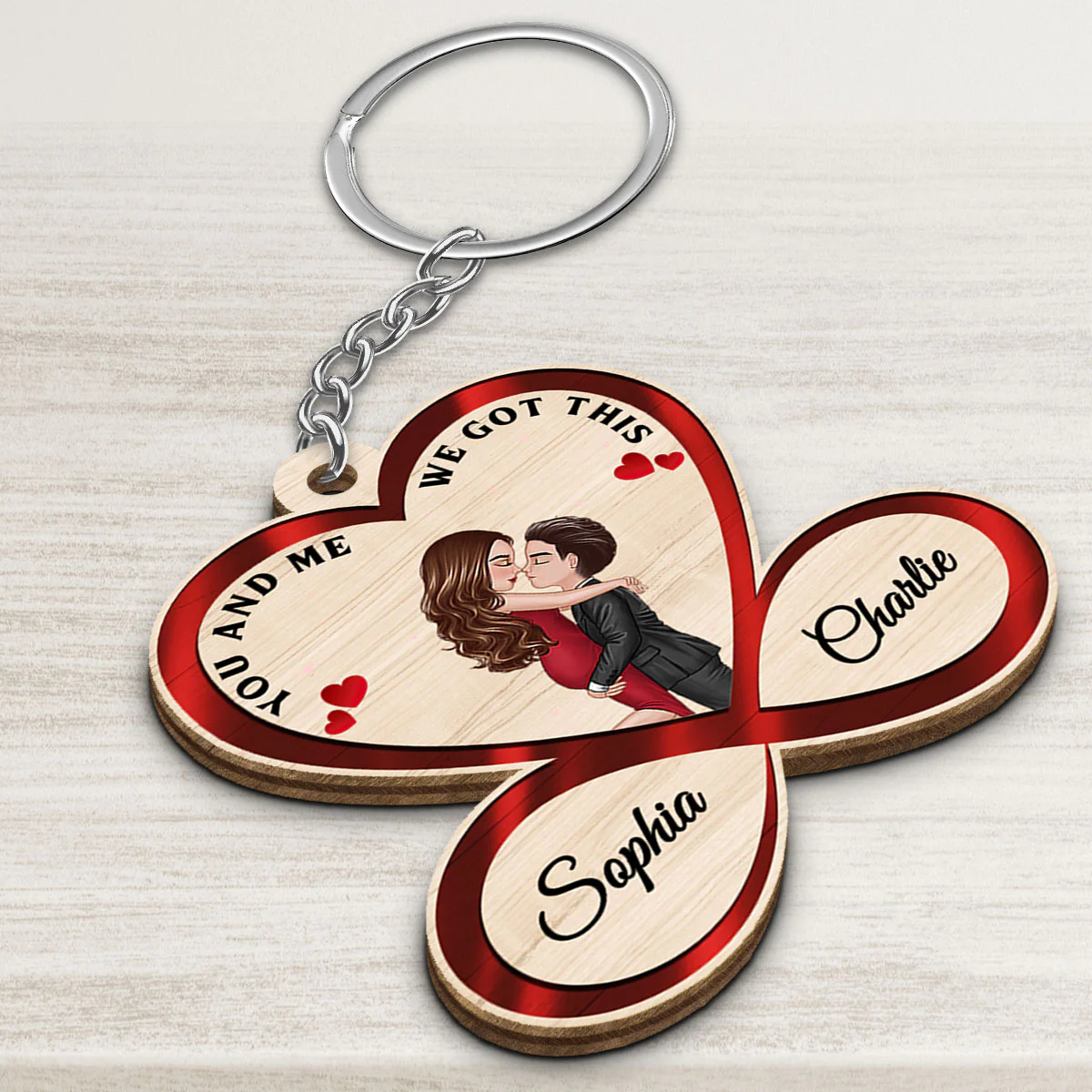 Infinity Heart Doll Couple Hugging Kissing You And Me We Got This Personalized Wooden Keychain - Image 3