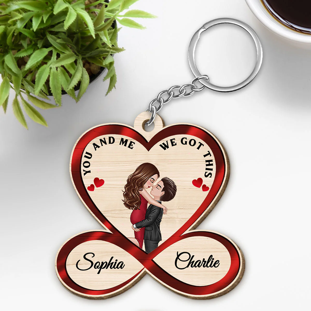 Infinity Heart Doll Couple Hugging Kissing You And Me We Got This Personalized Wooden Keychain - Image 4
