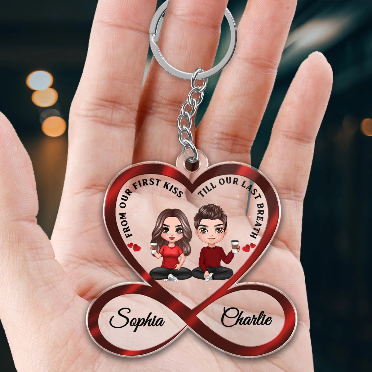 Infinity Heart Doll Couple Sitting Anniversary Gift For Him Gift For Her Personalized Acrylic Keychain - Image 5