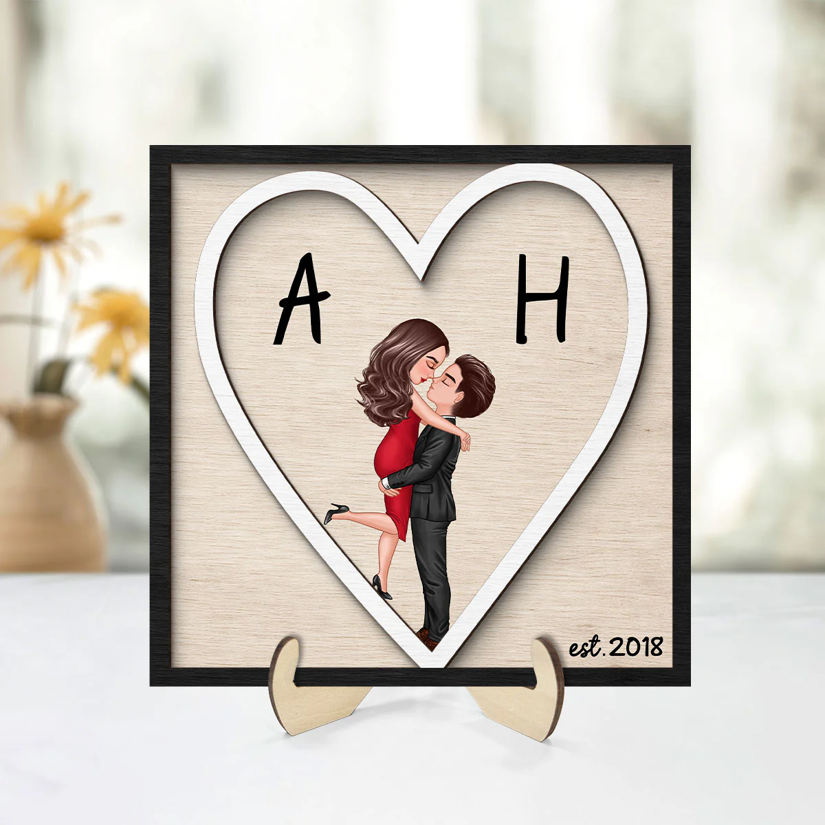 Initials Heart Sign - Personalized 2-Layered Wooden Plaque - Gift for Couple