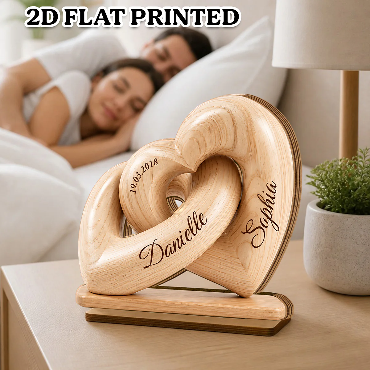 Interlocked Hearts Couple 2D Flat Plaque - Personalized 2-Layered Wooden Plaque - Gift for Him, for Her - Image 2
