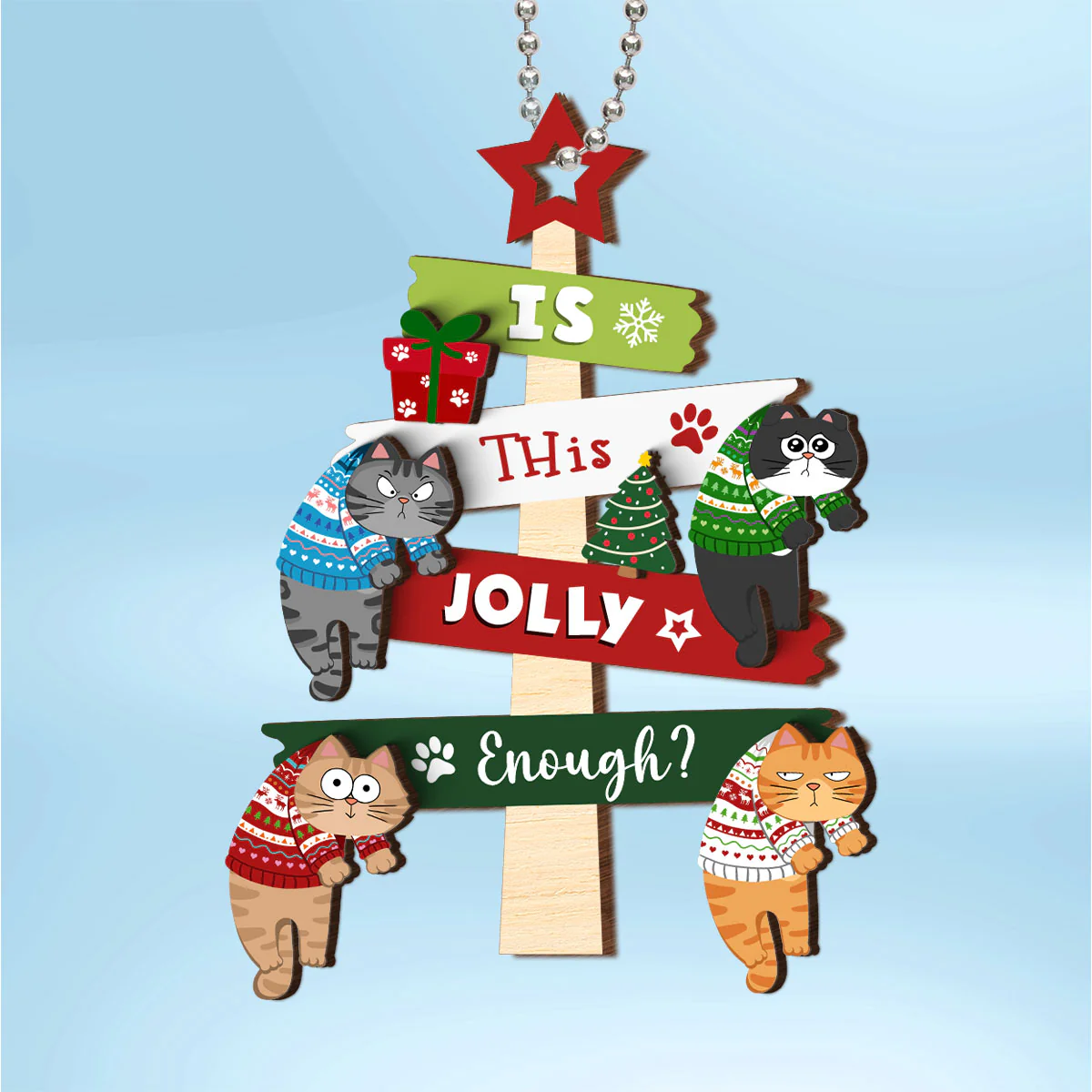 Is This Jolly Enough Naughty Cats On Christmas Tree Personalized 2-Layer Wooden Ornament - Image 2