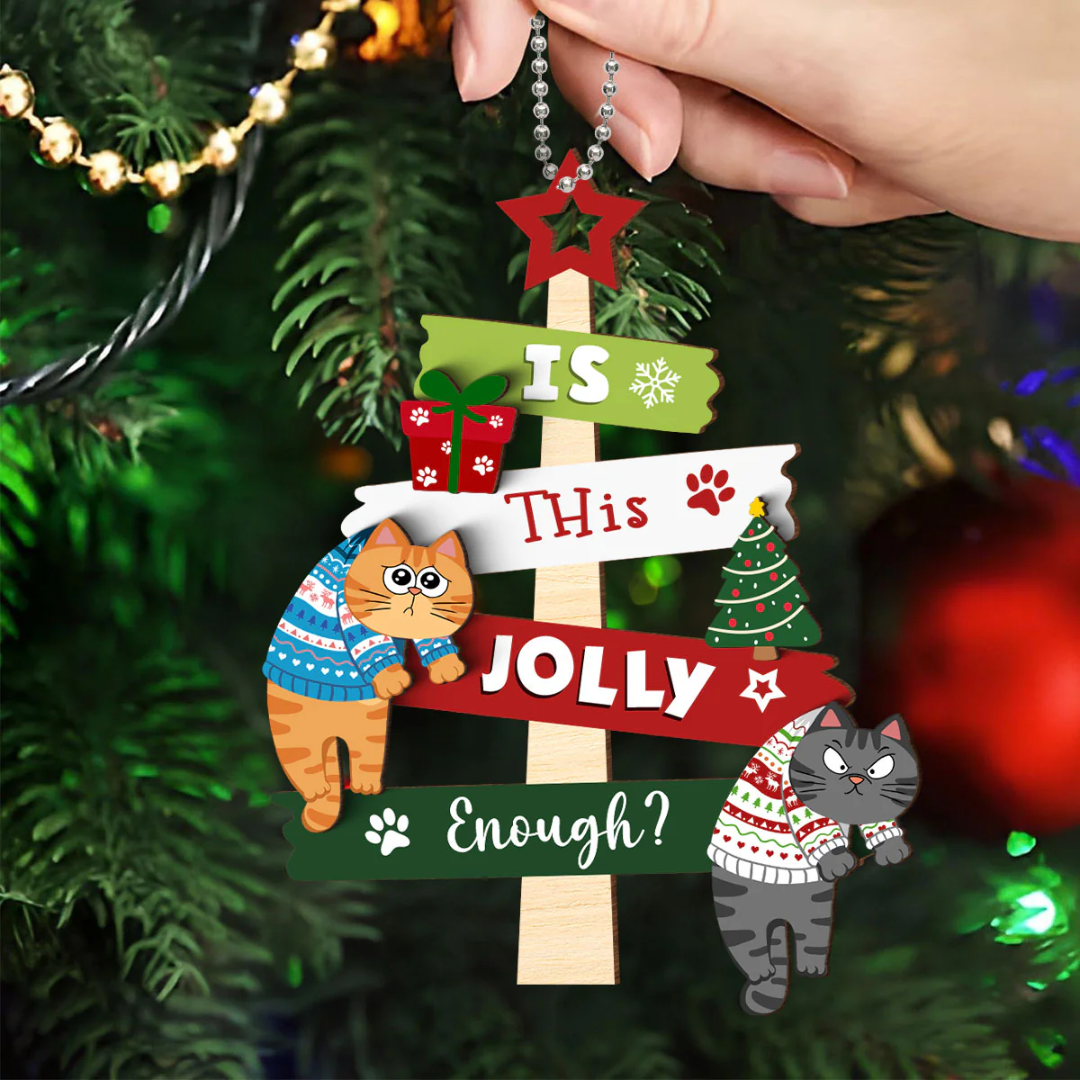 Is This Jolly Enough Naughty Cats On Christmas Tree Personalized 2-Layer Wooden Ornament - Image 4