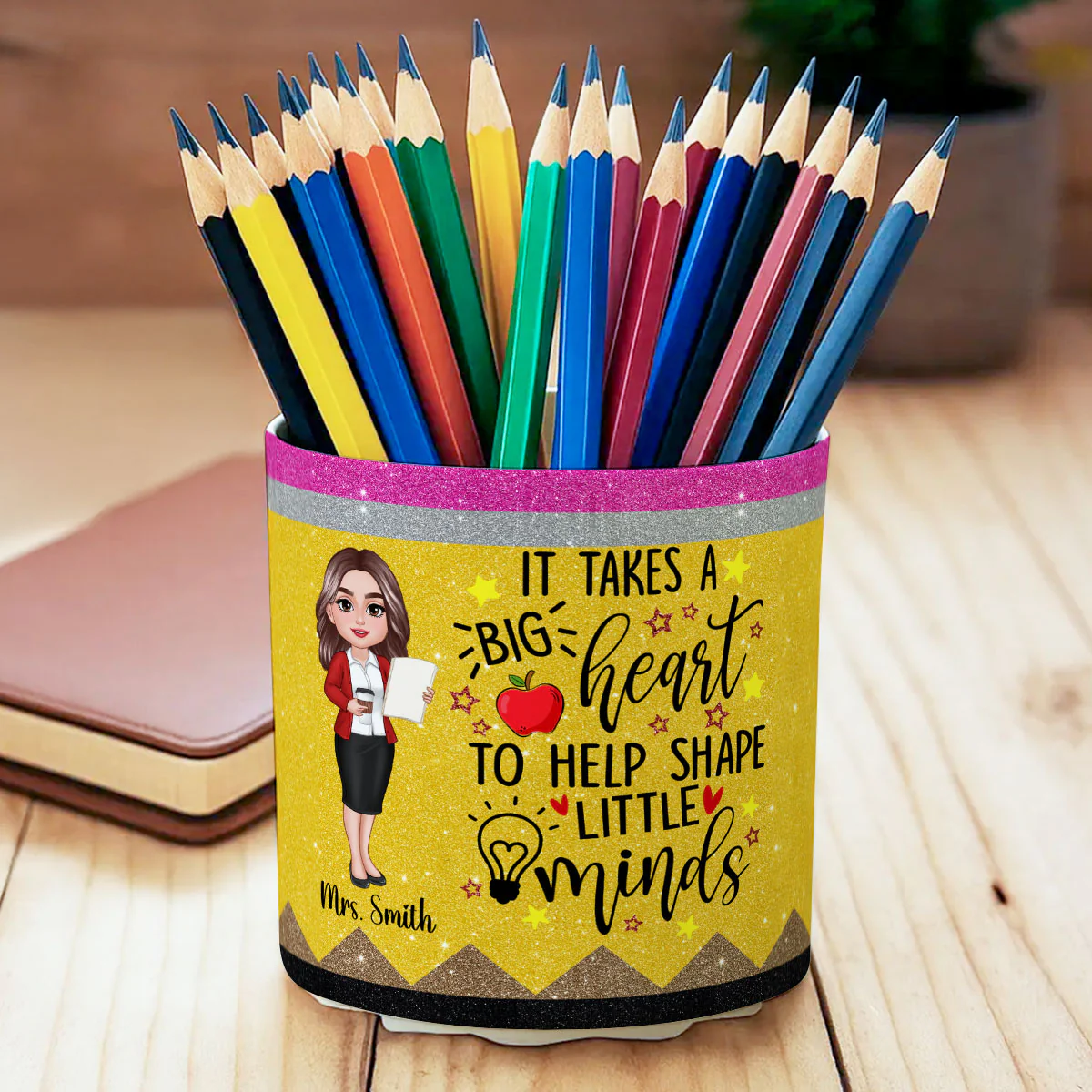 It Takes A Big Heart to Help Shape Little Minds Personalized Rotating Pen Holder, Teacher Appreciation Gift, Back To School Gift - Image 2