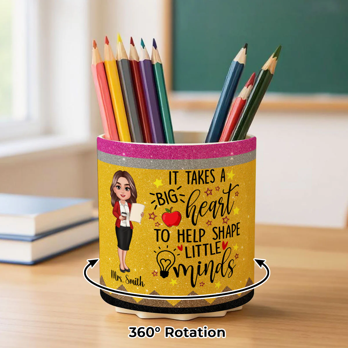 It Takes A Big Heart to Help Shape Little Minds Personalized Rotating Pen Holder, Teacher Appreciation Gift, Back To School Gift - Image 5