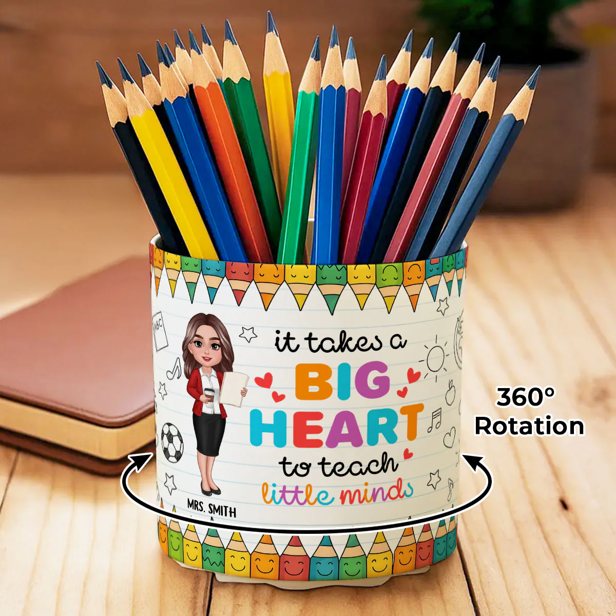 It Takes a Big Heart to Shape Little Mind Doodle Pattern Personalized Rotating Pen Holder, Teacher Appreciation Gift, Back To School Gift - Image 2