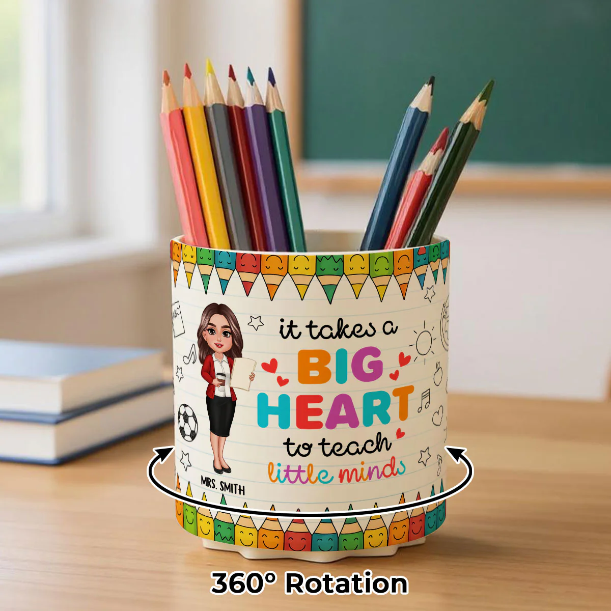 It Takes a Big Heart to Shape Little Mind Doodle Pattern Personalized Rotating Pen Holder, Teacher Appreciation Gift, Back To School Gift - Image 3