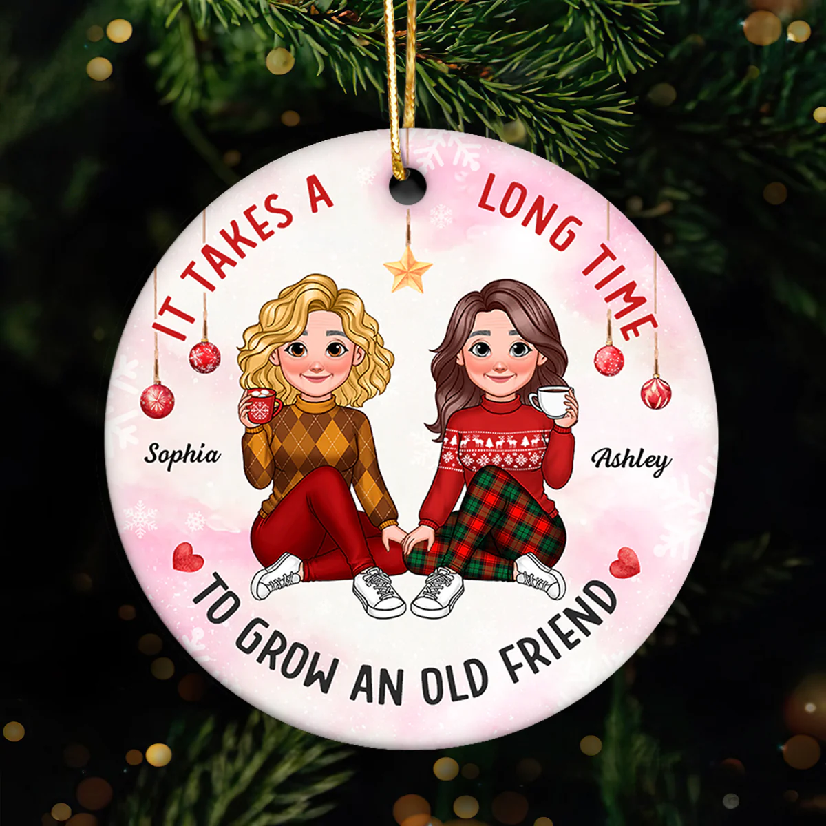It Takes A Long Time To Grow An Old Friend Animated Besties Personalized Ceramic Ornament, Christmas Gift For Best Friend - Image 3
