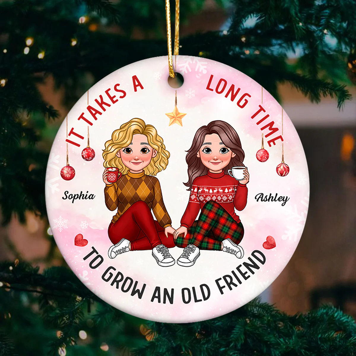 It Takes A Long Time To Grow An Old Friend Animated Besties Personalized Ceramic Ornament, Christmas Gift For Best Friend - Image 4