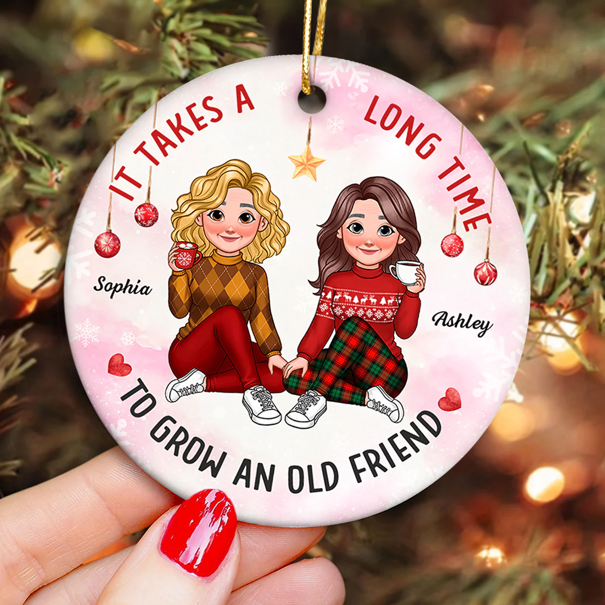 It Takes A Long Time To Grow An Old Friend Animated Besties Personalized Ceramic Ornament, Christmas Gift For Best Friend - Image 5