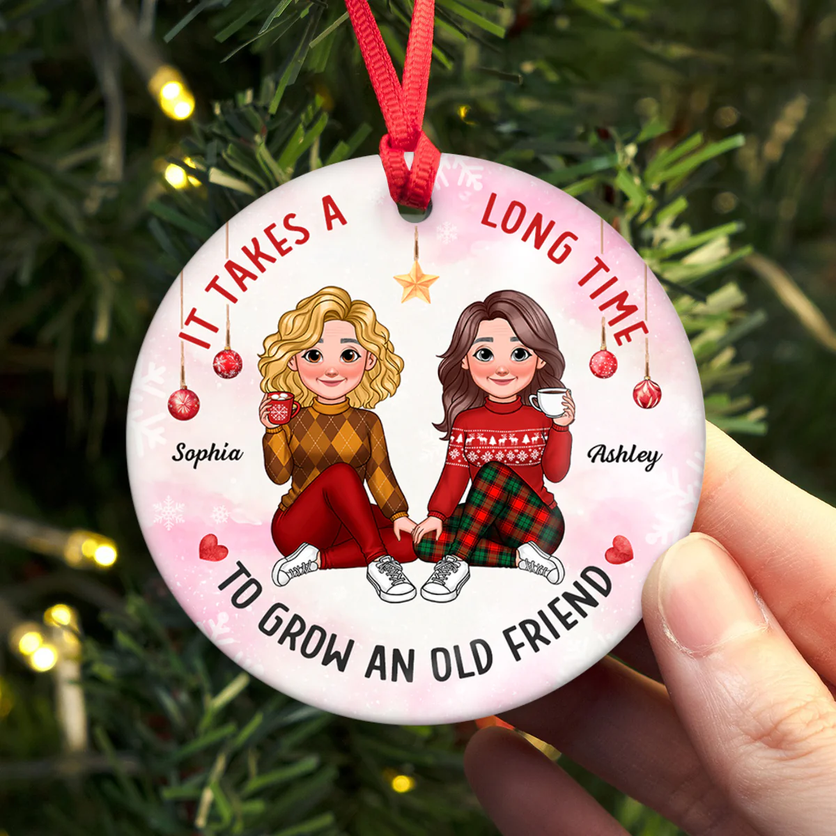 It Takes A Long Time To Grow An Old Friend Animated Besties Personalized Ceramic Ornament, Christmas Gift For Best Friend - Image 6