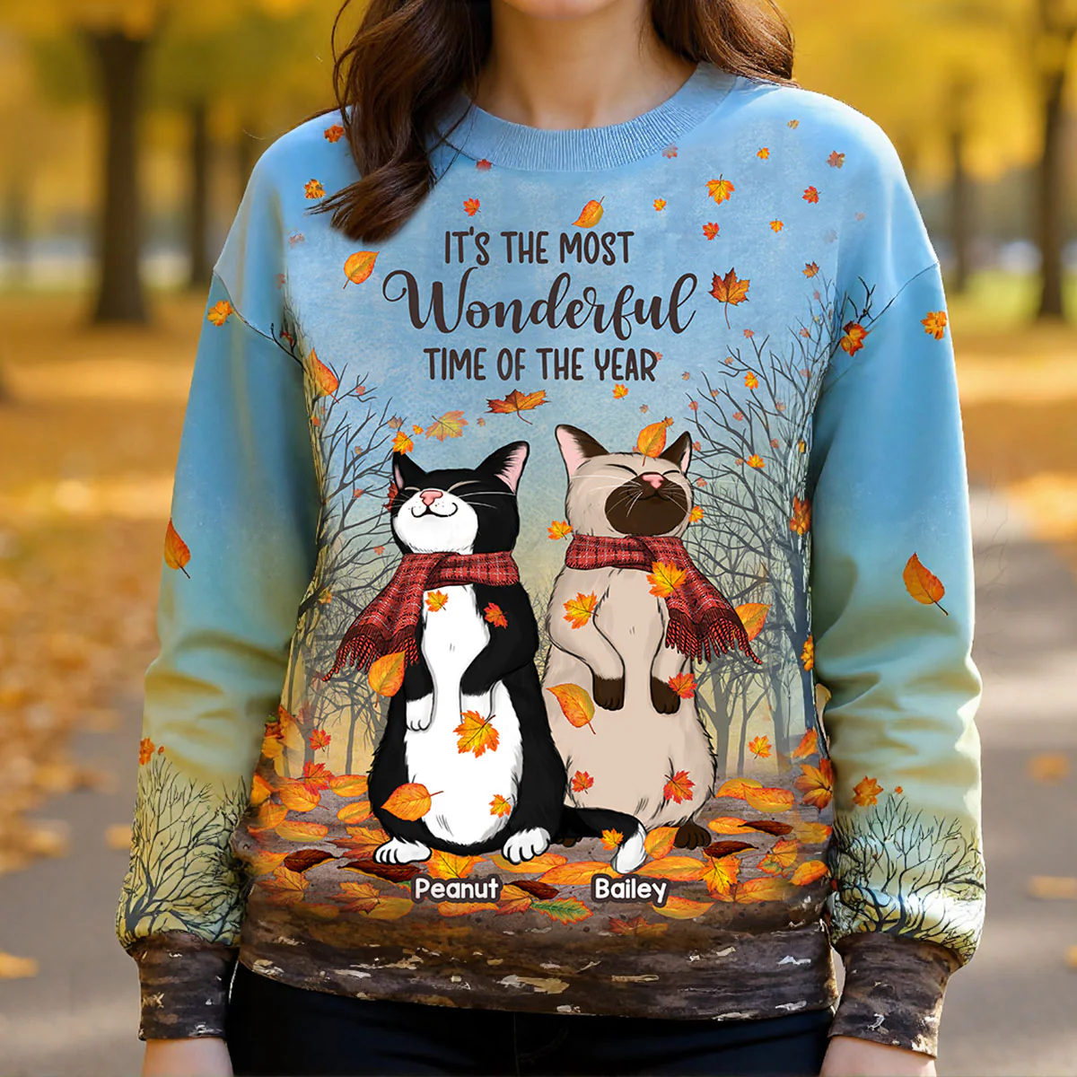 It's Fall Y'all Hello Fall Cute Standing Cats In Fall Season Theme Personalized Sweatshirt, Purrfect Gift for Cat Lover - Image 2