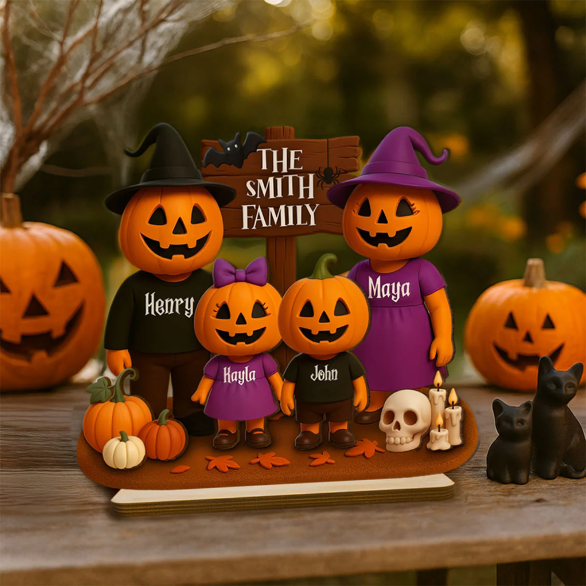 Jack O' Lantern Family 3D Effect Personalized 2-Layered Standing Wooden Plaque, Halloween Decor - Image 2