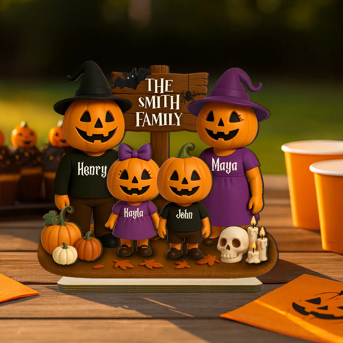 Jack O' Lantern Family 3D Effect Personalized 2-Layered Standing Wooden Plaque, Halloween Decor - Image 3