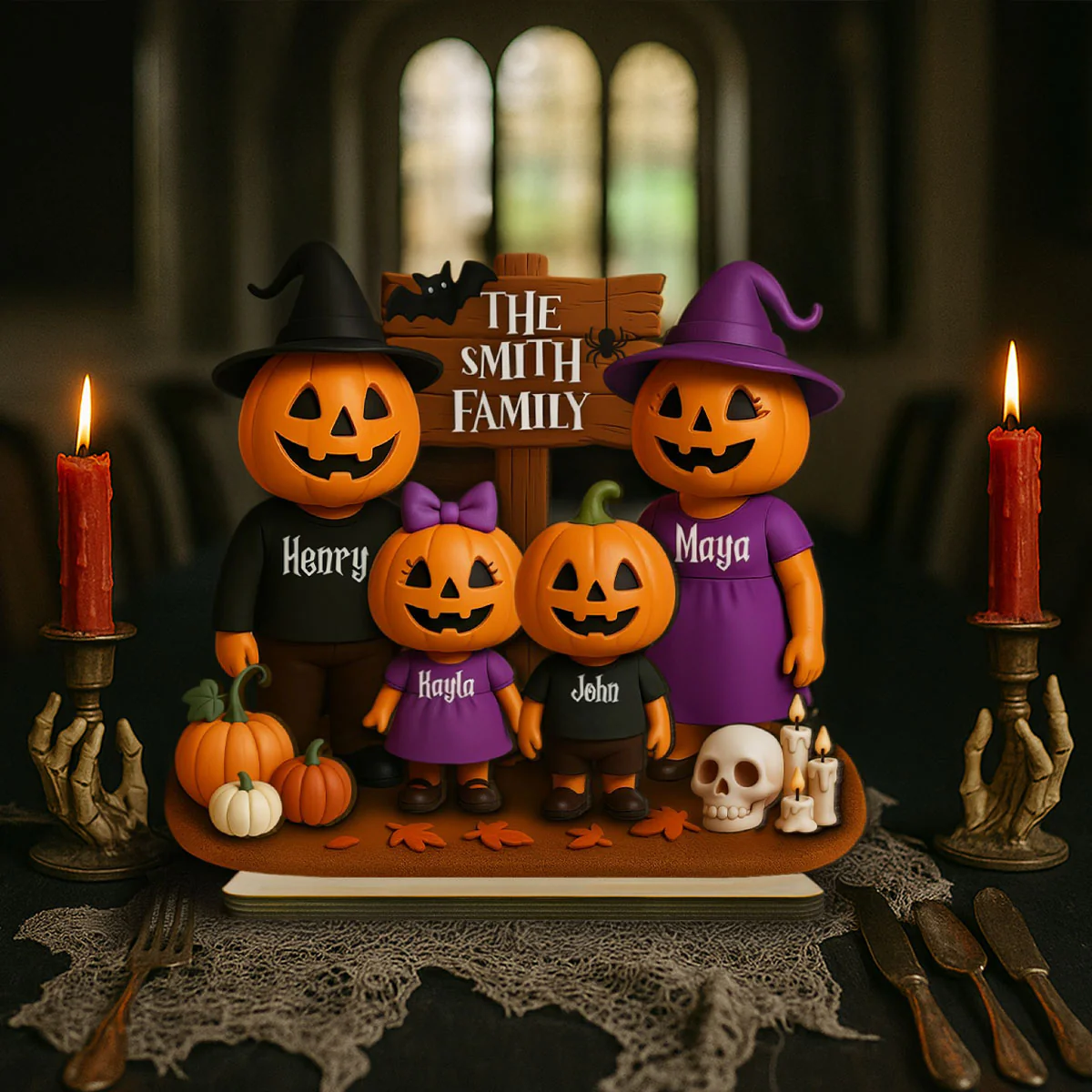 Jack O' Lantern Family 3D Effect Personalized 2-Layered Standing Wooden Plaque, Halloween Decor - Image 5