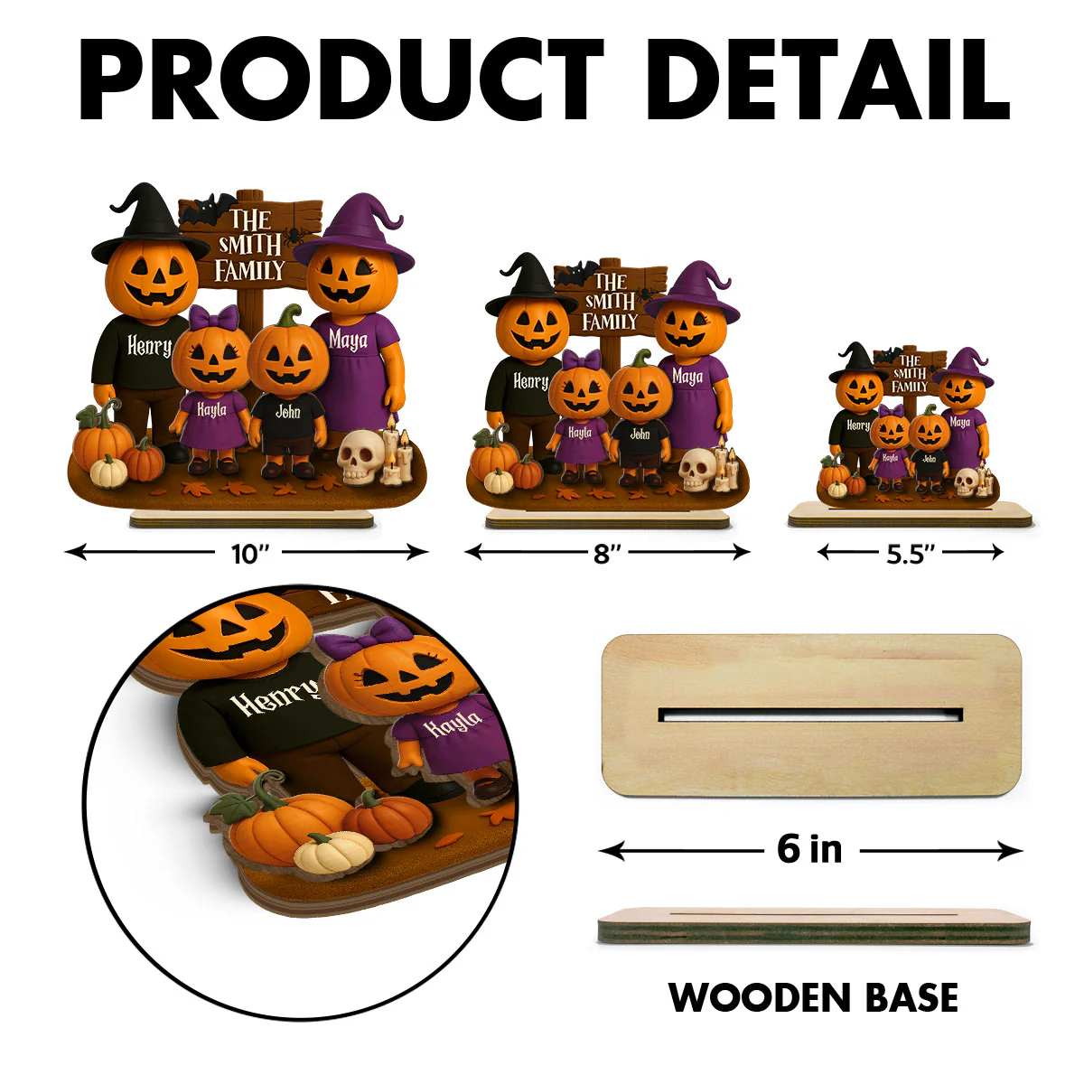 Jack O' Lantern Family 3D Effect Personalized 2-Layered Standing Wooden Plaque, Halloween Decor - Image 6