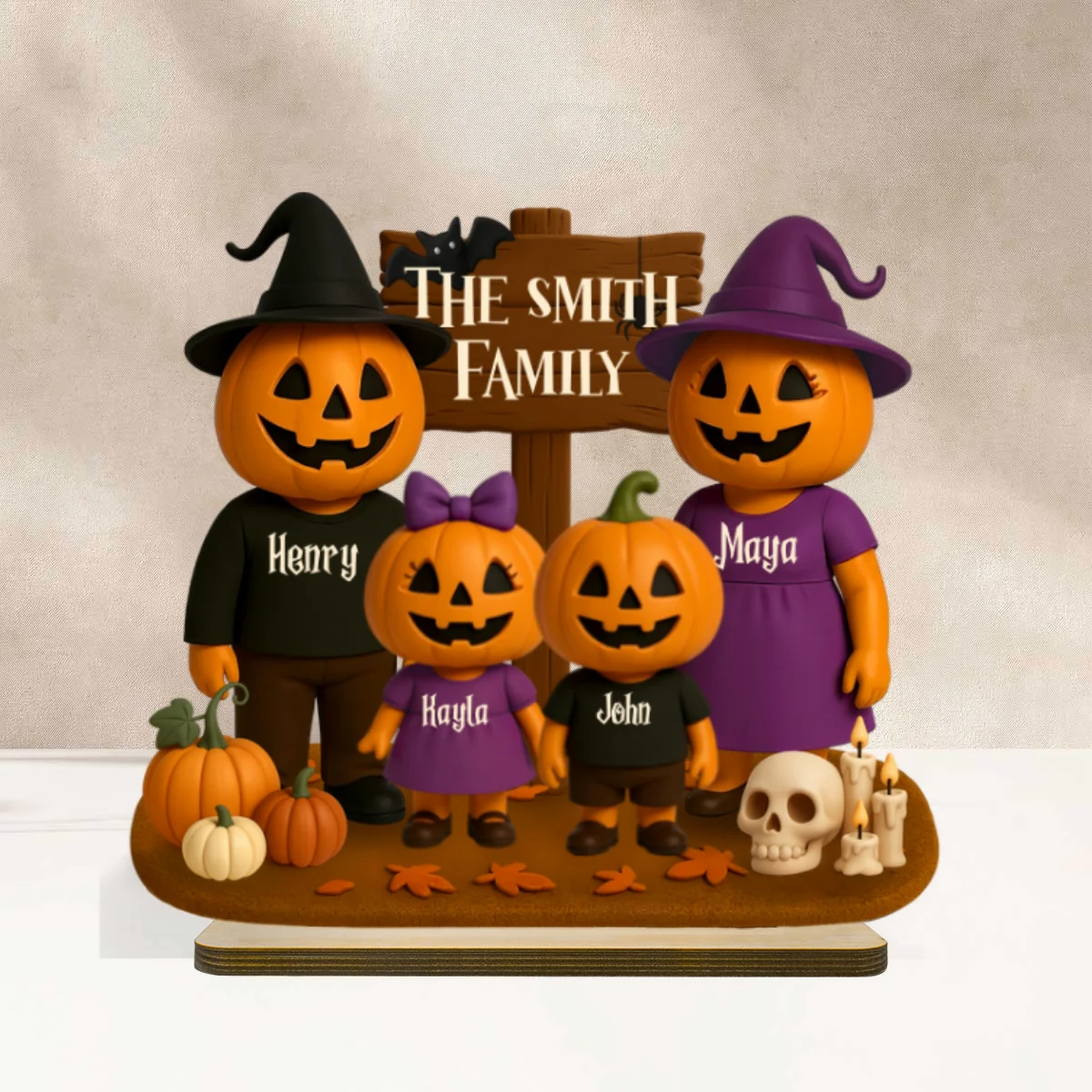 Jack O' Lantern Family 3D Effect Personalized 2-Layered Standing Wooden Plaque, Halloween Decor - Image 9