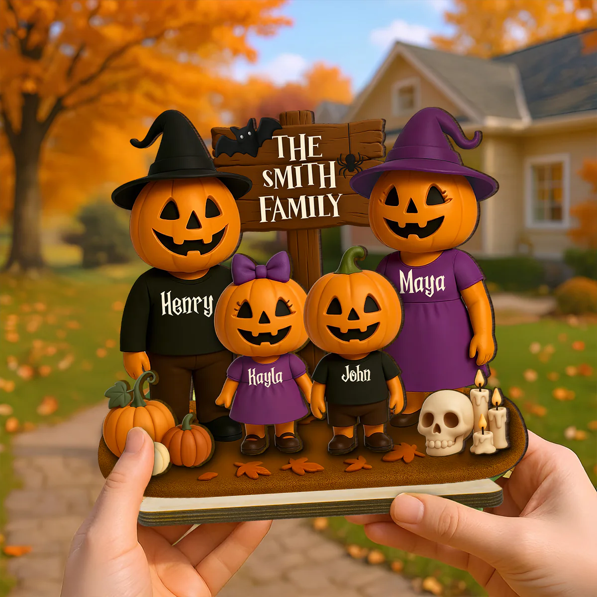 Jack O' Lantern Family 3D Effect Personalized 2-Layered Standing Wooden Plaque, Halloween Decor - Image 5
