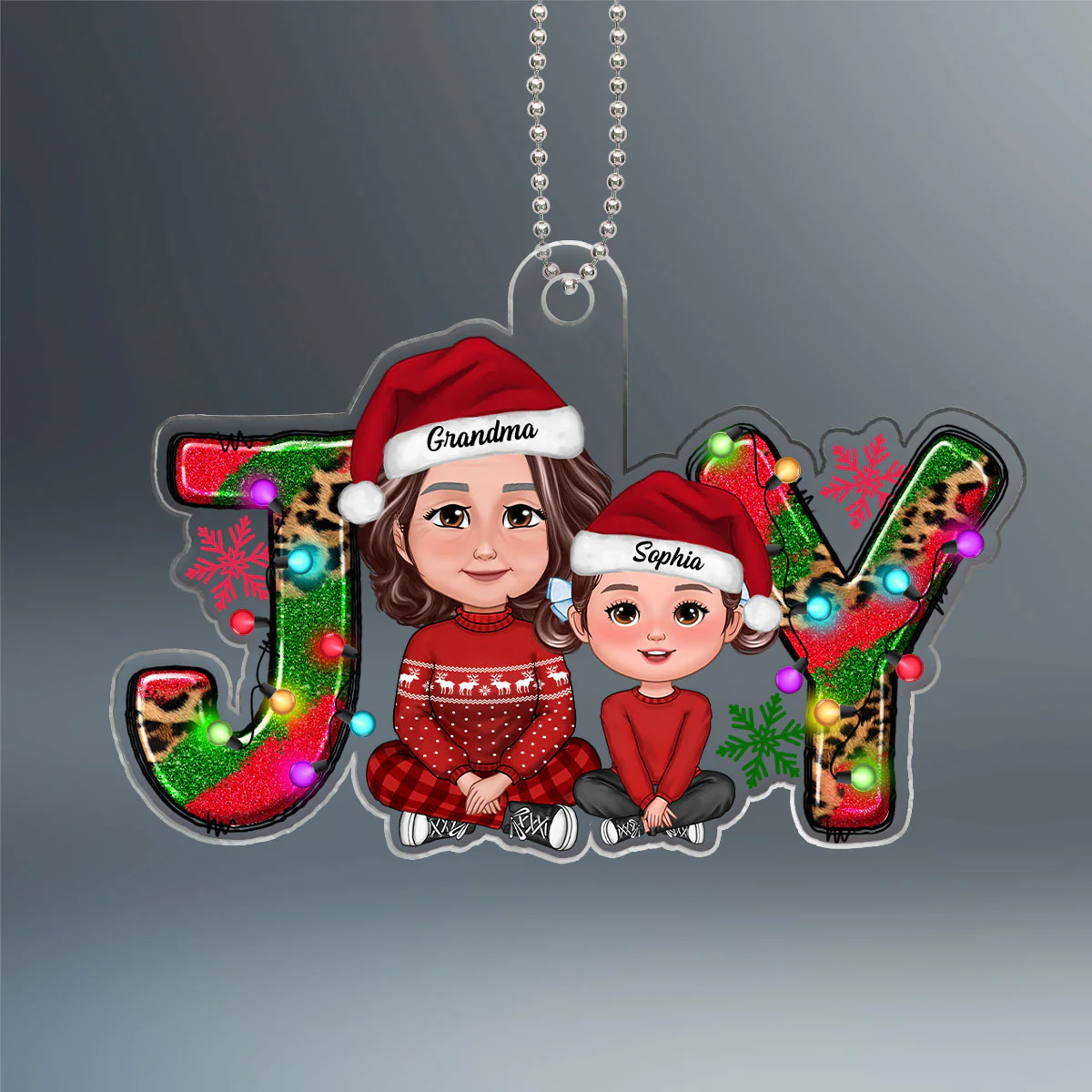 Joy Christmas Grandma Granddaughter Grandson Crossed Legs Personalized Acrylic Ornament - Image 2