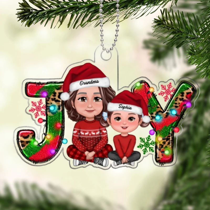 Joy Christmas Grandma Granddaughter Grandson Crossed Legs Personalized Acrylic Ornament - Image 5