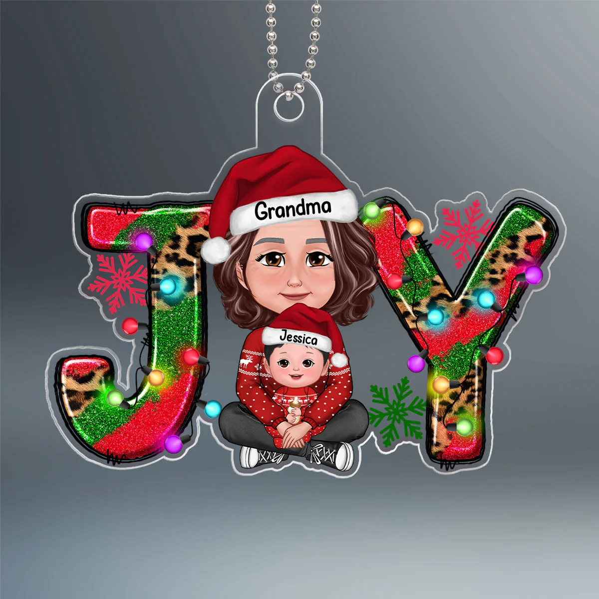 Joy Christmas Grandma & Grandkid Crossed Legs Personalized Acrylic Ornament - Image 2