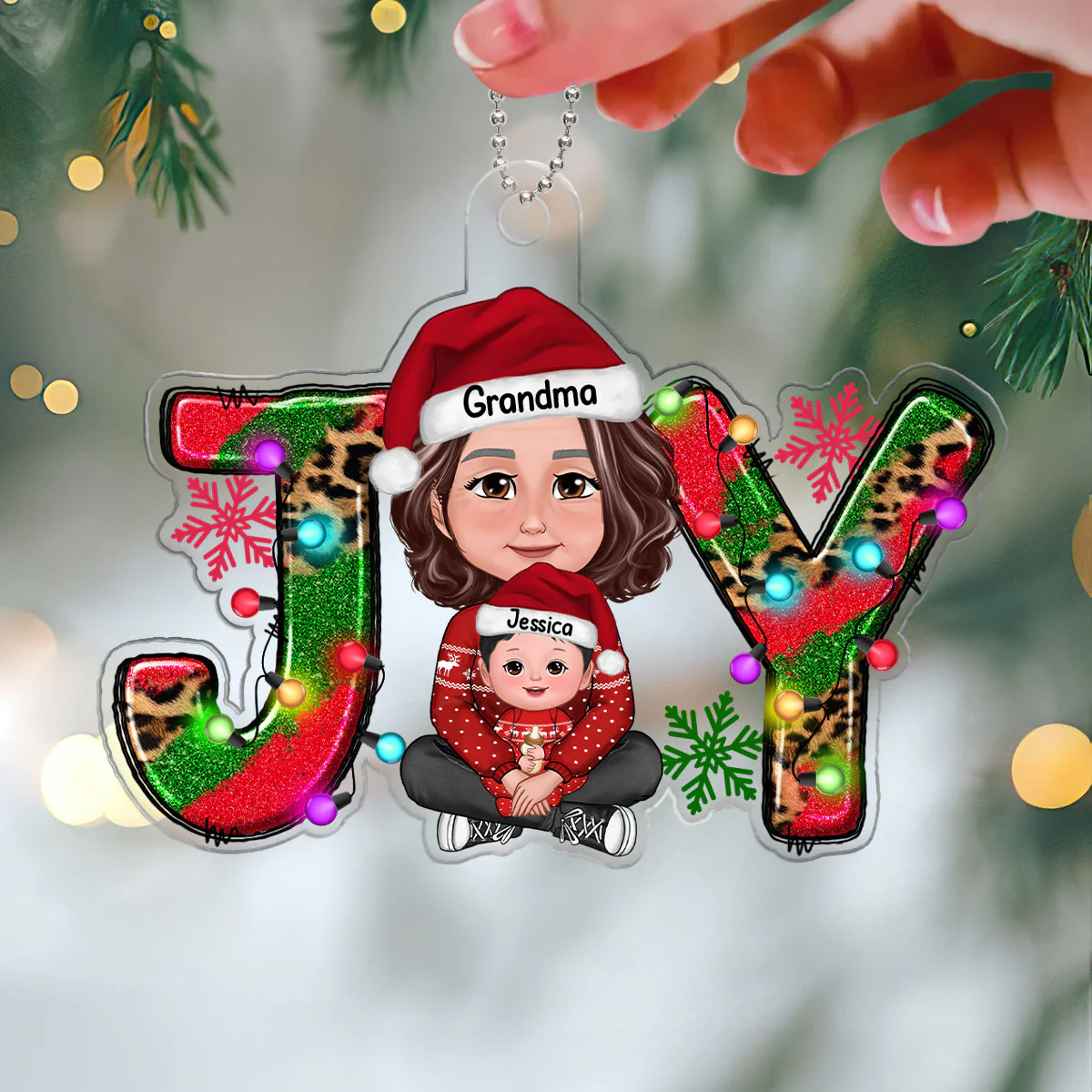 Joy Christmas Grandma & Grandkid Crossed Legs Personalized Acrylic Ornament - Image 3
