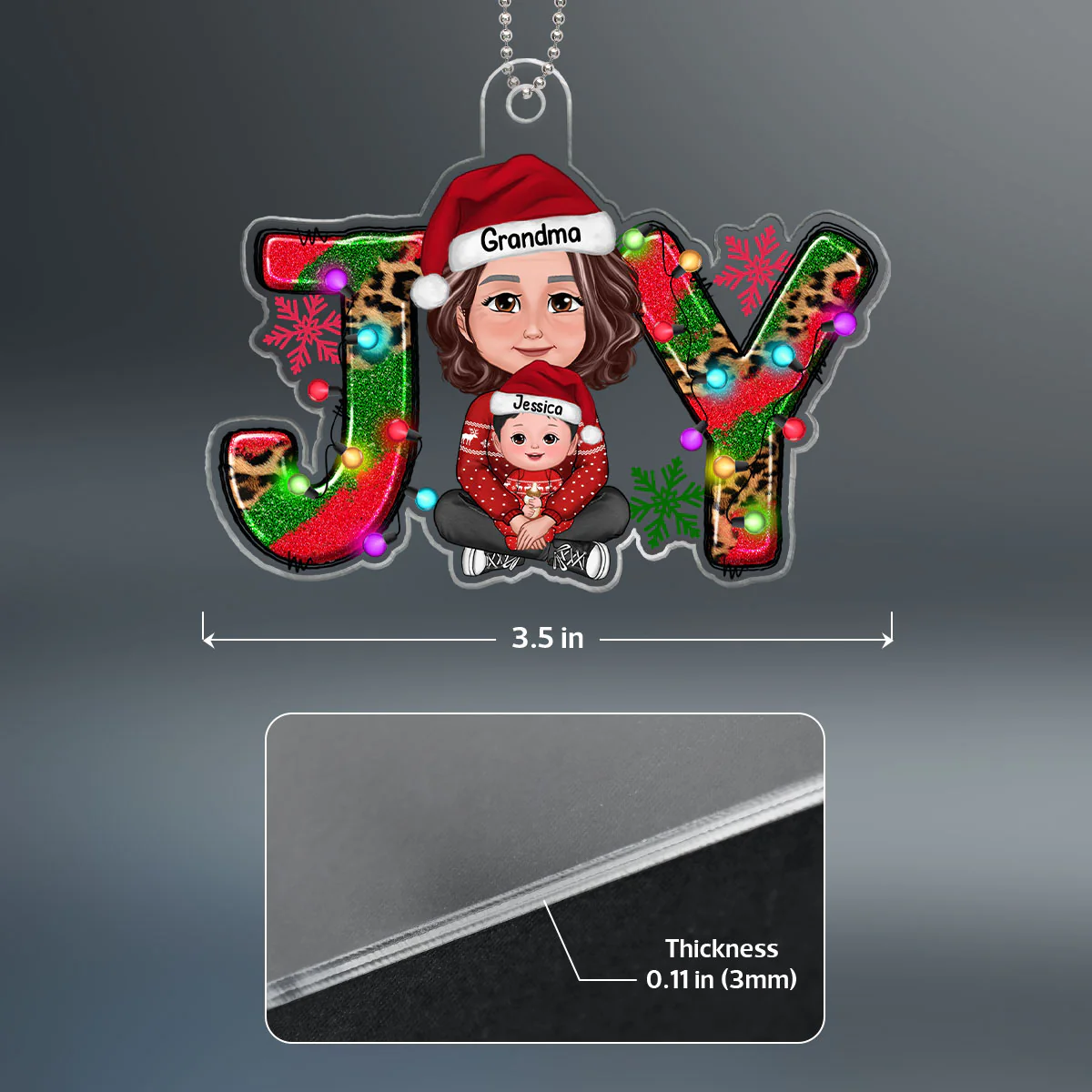 Joy Christmas Grandma & Grandkid Crossed Legs Personalized Acrylic Ornament - Image 4