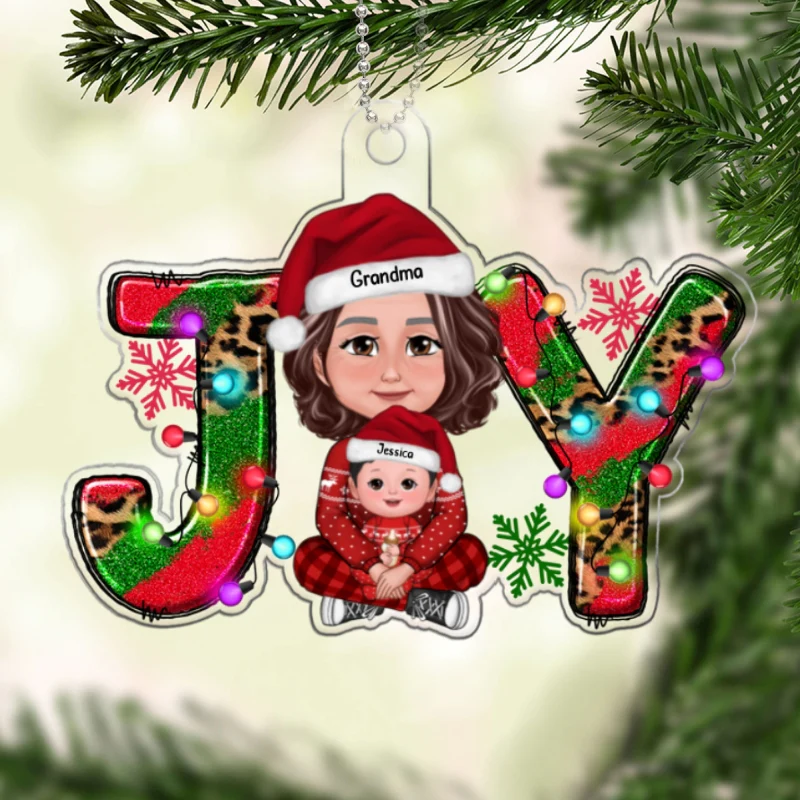 Joy Christmas Grandma & Grandkid Crossed Legs Personalized Acrylic Ornament - Image 5